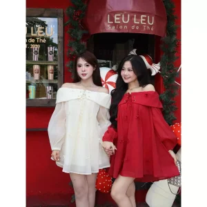 Đầm váy babydoll trễ vai đục khoen tay dài D52 - Nữ - Dress Voan Đỏ